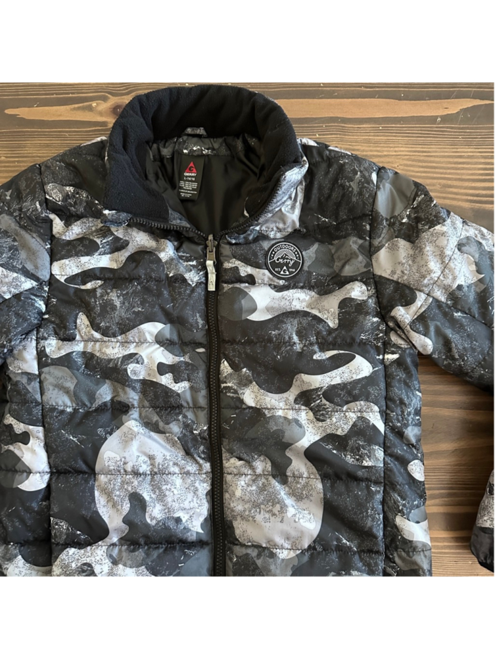 Boys Gerry Puffer Jacket Black Gray Camo Full Zip Warm Size L 14 16